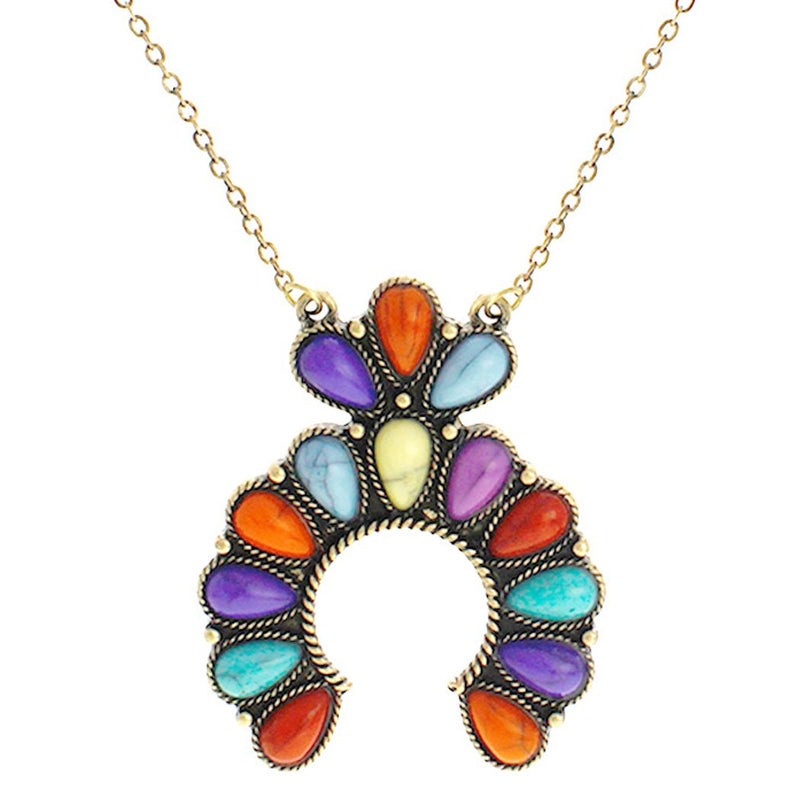 Western Style Semi Precious Howlite Stone Squash Blossom Pendant Necklace, 18"-21" with 3" Extender (Multicolored Howlite)