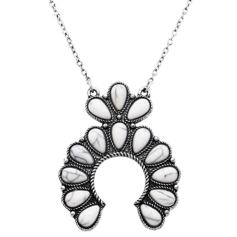 Western Style Semi Precious Howlite Stone Squash Blossom Pendant Necklace, 18"-21" with 3" Extender (Natural White Howlite)