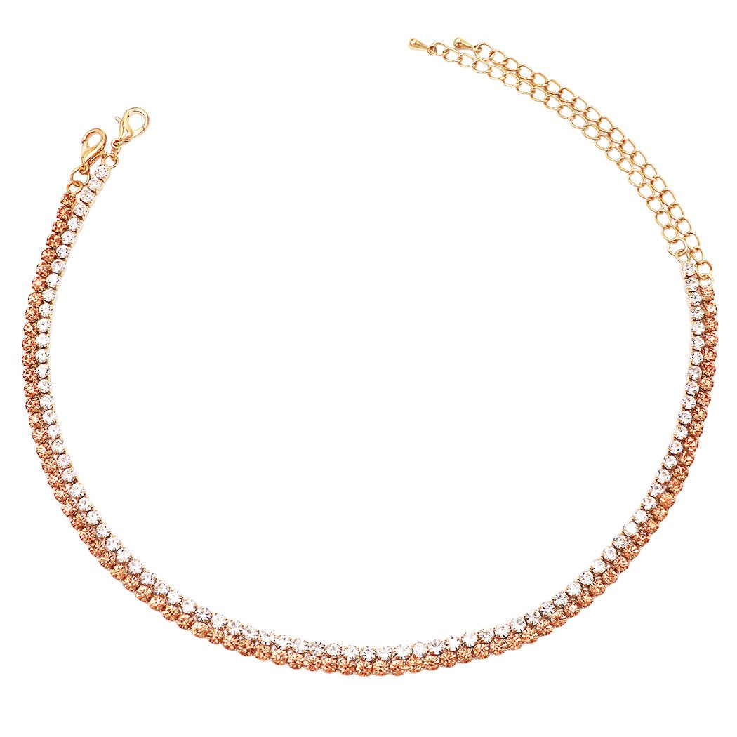 Brilliant Set of 2 Crystal Rhinestone Statement Choker Necklaces (Peach Clear/Gold Tone)