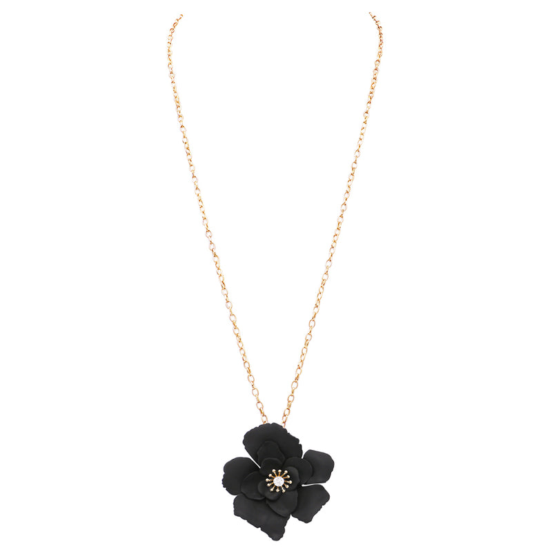 Whimsical Powder Coated Metal Flower Pendant Necklace, 28"-31" with 3" Extender (Jet Black)