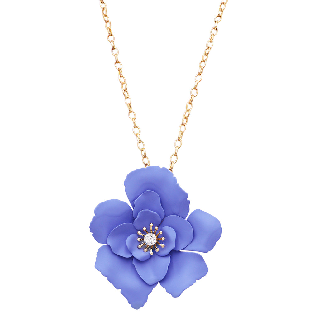 Whimsical Powder Coated Metal Flower Pendant Necklace, 28"-31" with 3" Extender (Blue)