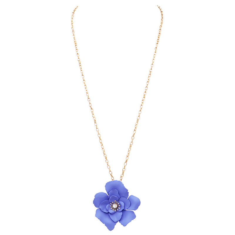Whimsical Powder Coated Metal Flower Pendant Necklace, 28"-31" with 3" Extender (Blue)