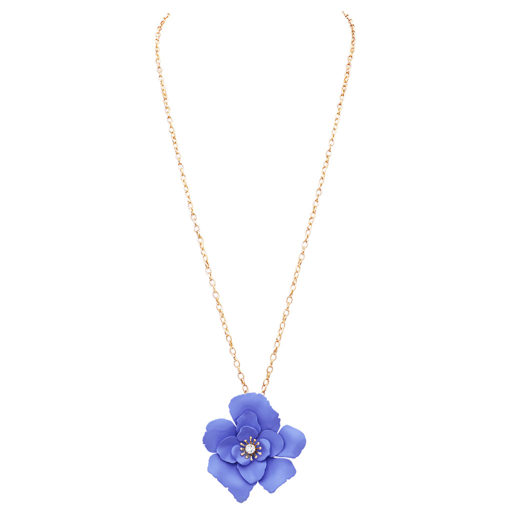 Whimsical Powder Coated Metal Flower Pendant Necklace, 28"-31" with 3" Extender (Blue)