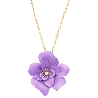 Whimsical Powder Coated Metal Flower Pendant Necklace, 28"-31" with 3" Extender Purple