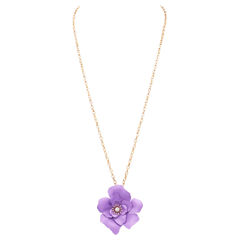 Whimsical Powder Coated Metal Flower Pendant Necklace, 28"-31" with 3" Extender Purple