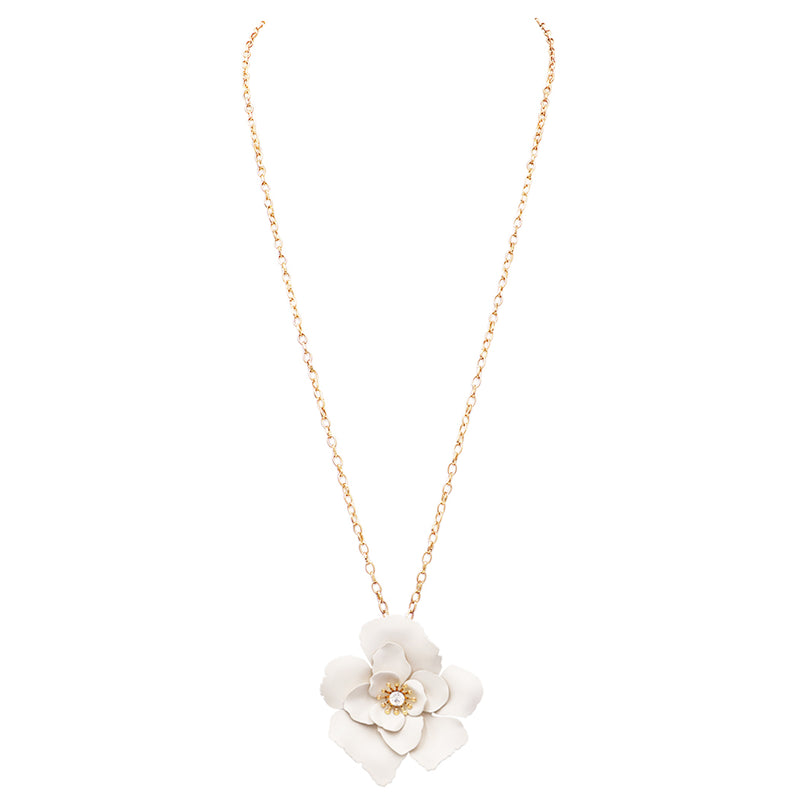 Whimsical Powder Coated Metal Flower Pendant Necklace, 28"-31" with 3" Extender (White)