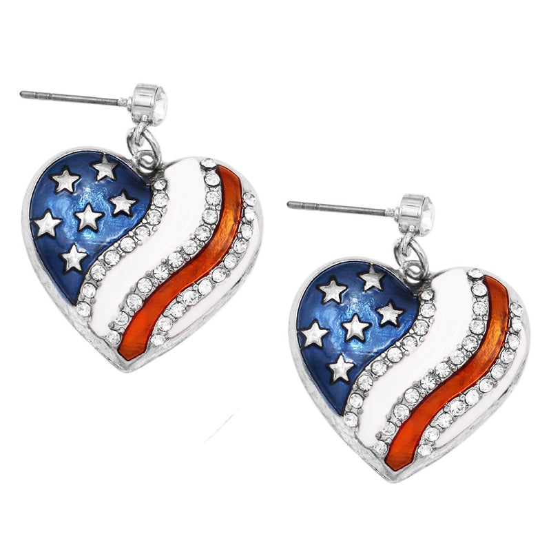 Women's USA Flag Red White and Blue Rhinestone Patriotic Heart Earrings, 1.25"