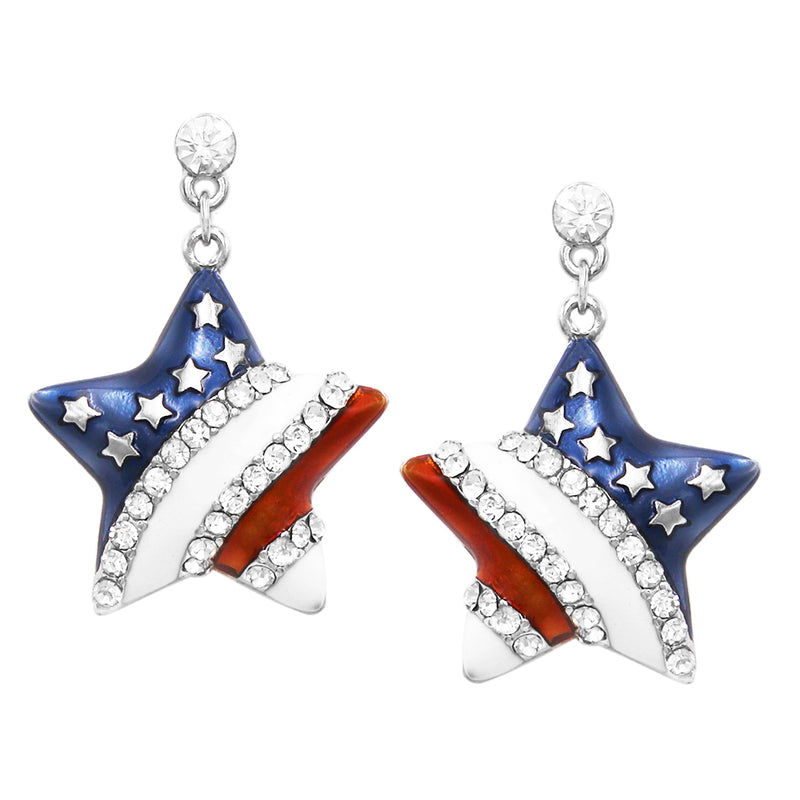 USA Flag Red White and Blue Rhinestone Patriotic Star Hypoallergenic Post Earrings, 1.25"