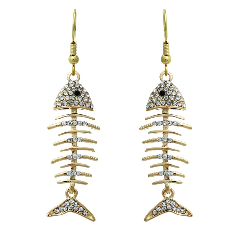 Pave Crystal Dangle Earrings Fish Bone Gold Tone