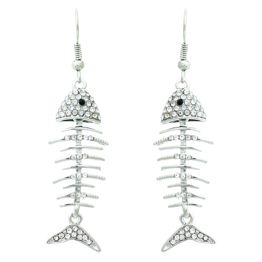 Pave Crystal Fish Bone Lightweight Long Dangle Earrings (Silver)