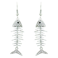 Pave Crystal Fish Bone Lightweight Long Dangle Earrings (Silver)