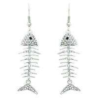 Pave Crystal Fish Bone Lightweight Long Dangle Earrings (Silver)