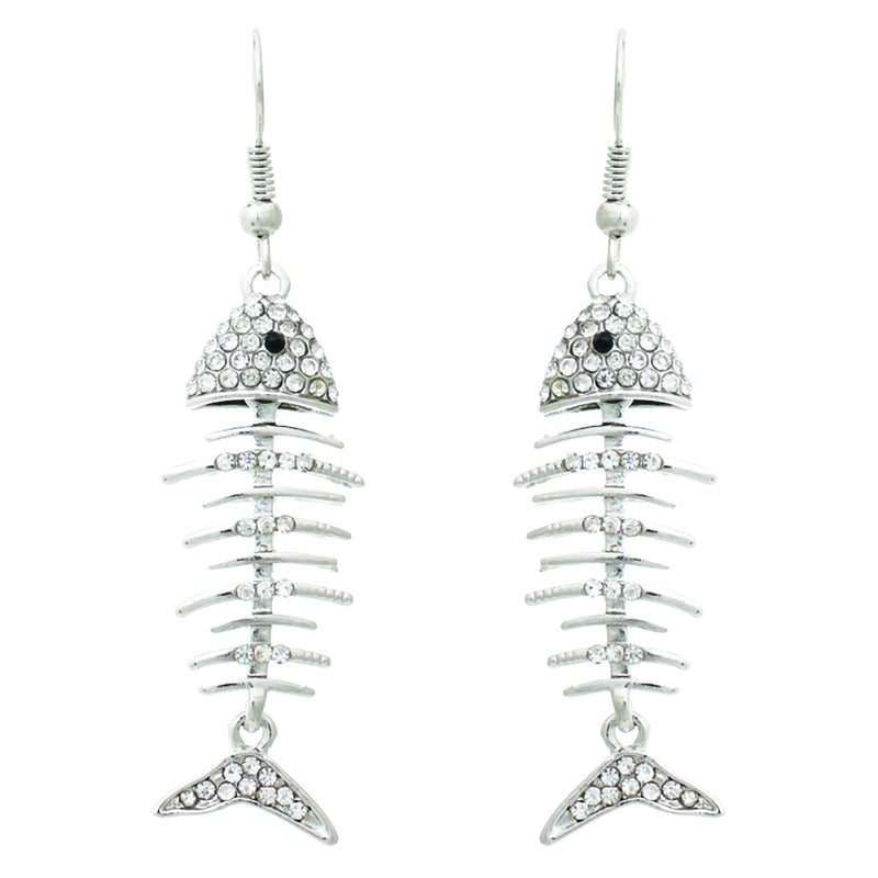 Pave Crystal Fish Bone Lightweight Long Dangle Earrings (Silver)