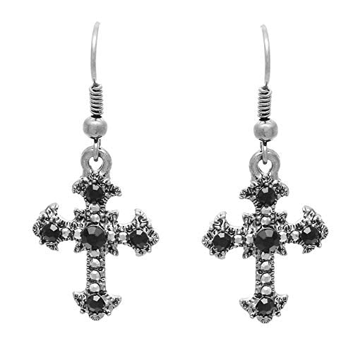 Stunning Jet Black Glass Crystal Cross Dangle Earrings, 1.5"