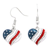 USA Flag Red White and Blue Rhinestone Heart Dangle Earrings