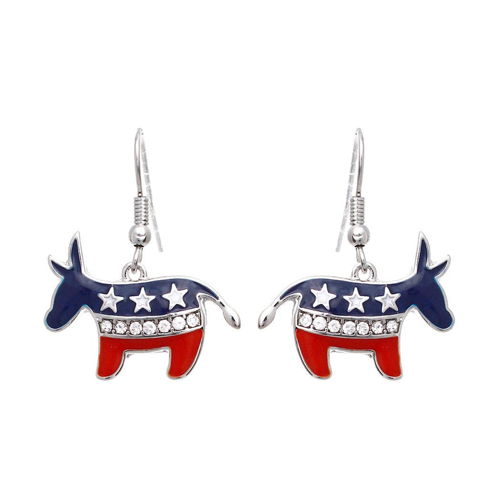 Democrat Donkey American Red White and Blue Flag Dangle Earrings (Donkey with Crystals)