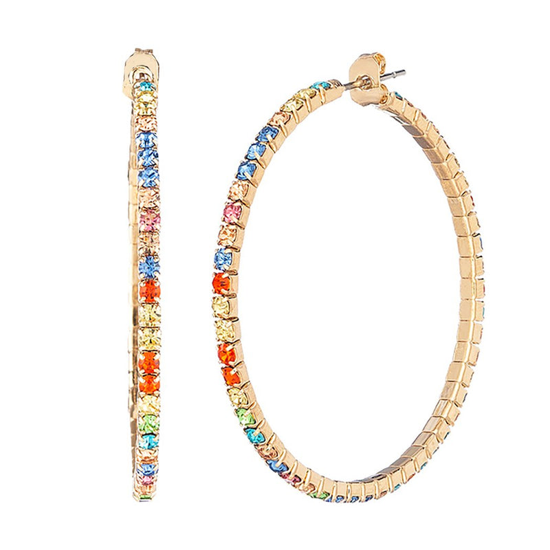 Hypoallergenic Rainbow Crystal Rhinestone Memory Wire Hoop Earrings (Gold Tone 40mm)