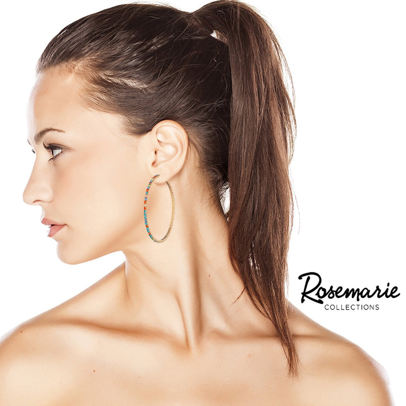 Hypoallergenic Rainbow Crystal Rhinestone Hoop Earrings (Gold Tone 60mm)