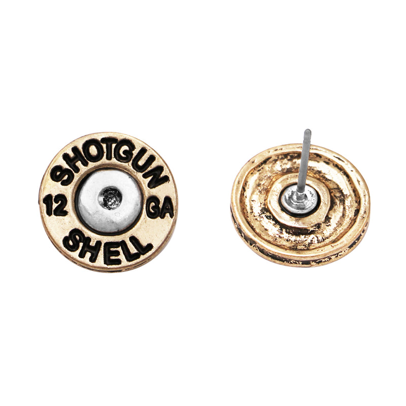 12 Gauge Shotgun Shell Spent Bullet Hypoallergenic Post Back Stud Earrings (12mm, Gold Tone)