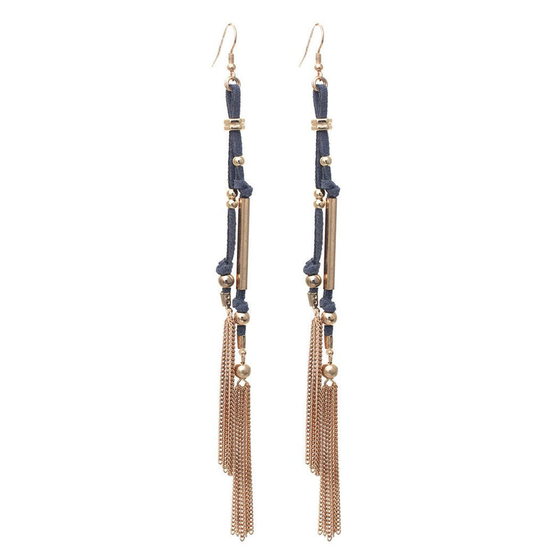 Boho Chic Colorful Vegan Suede With Chain Link Fringe Tassel Extra Long Statement Making Shoulder Duster Dangle Earrings, 7” (Slate Blue)
