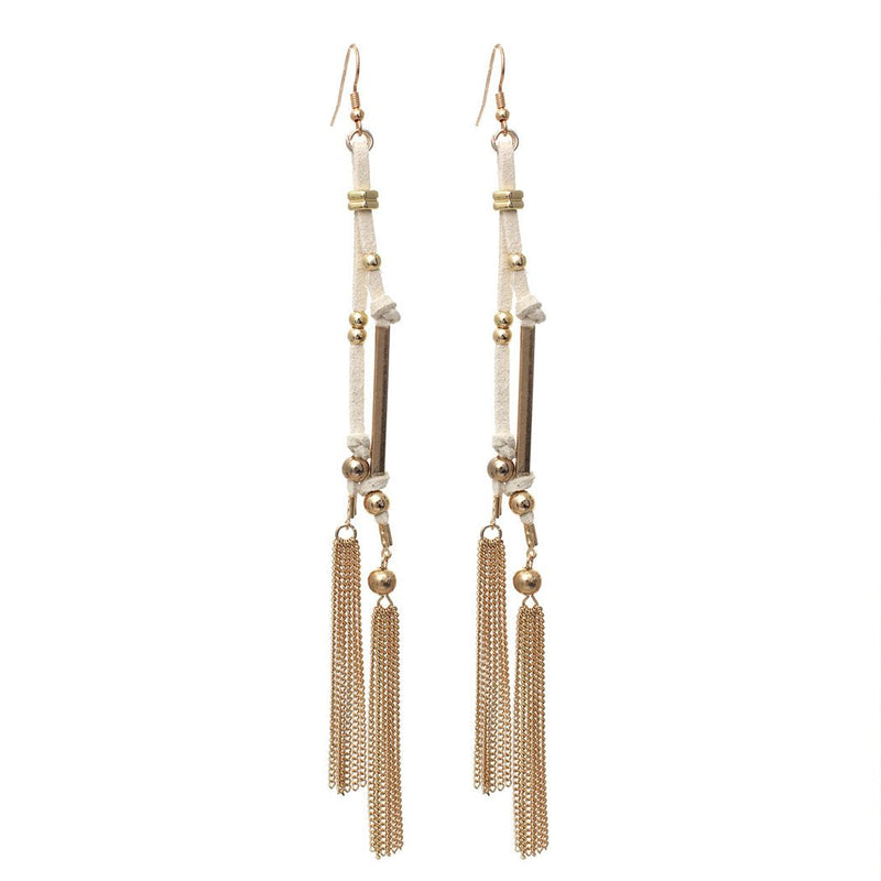 Suede and Chain Fringe Tassel Long Dangle Earrings (Cream)