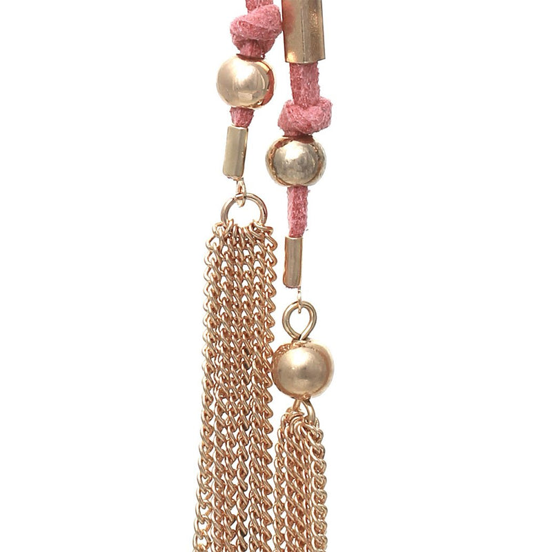 Boho Chic Colorful Vegan Suede With Chain Link Fringe Tassel Extra Long Statement Making Shoulder Duster Dangle Earrings, 7”  (Pink)