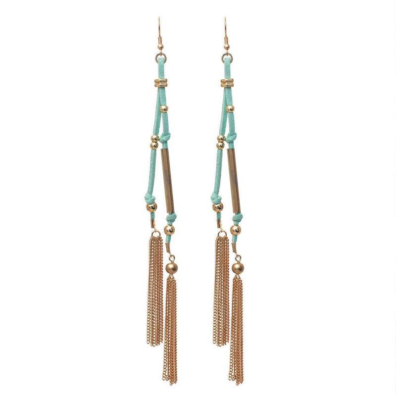 Suede and Chain Fringe Tassel Long Dangle Earrings (Mint)