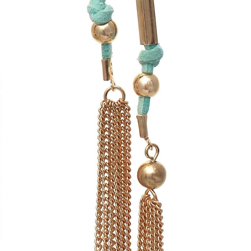 Women's Boho Chic Colorful Vegan Suede With Chain Link Fringe Tassel Extra Long Statement Making Shoulder Duster Dangle Earrings, 7” (Mint)