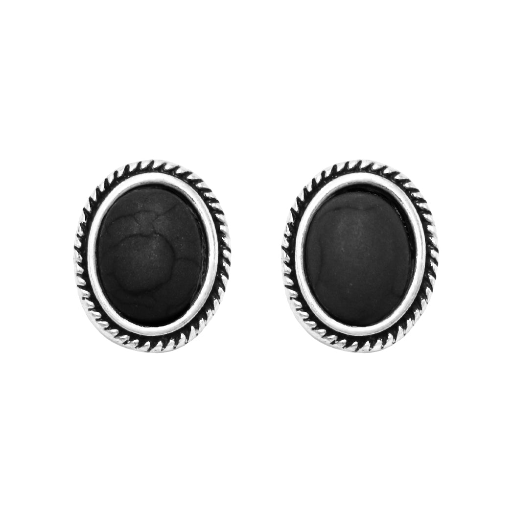 Stylish Western Style Semi Precious Natural Howlite Stone Concho Hypoallergenic Post Back Earrings, 0.50" (Jet Black Howlite Oval Concho)
