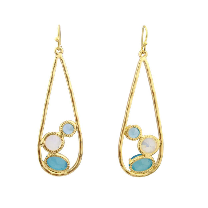 Large Teardrop Dangle Earrings with Multi-color Glass Gemstones (Aqua/White)