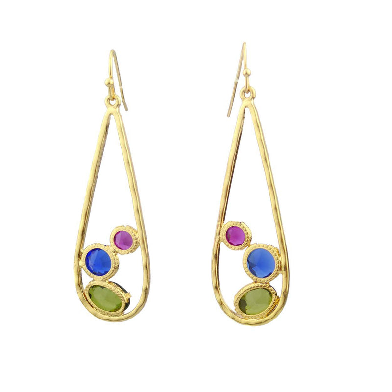 Large Teardrop Dangle Earrings with Multi-color Glass Gemstones (Blue/Green/Magenta)