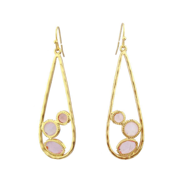 Large Teardrop Dangle Earrings with Multi-color Glass Gemstones (Light Pink)