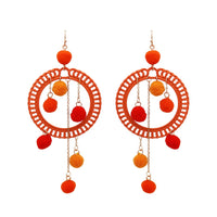 Fuzzy Long Pom Pom Hoop Statement Earrings (Orange)