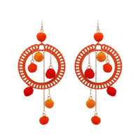 Fuzzy Long Pom Pom Hoop Statement Earrings, 4.5" (Orange)