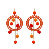 Fuzzy Long Pom Pom Hoop Statement Earrings, 4.5" (Orange)