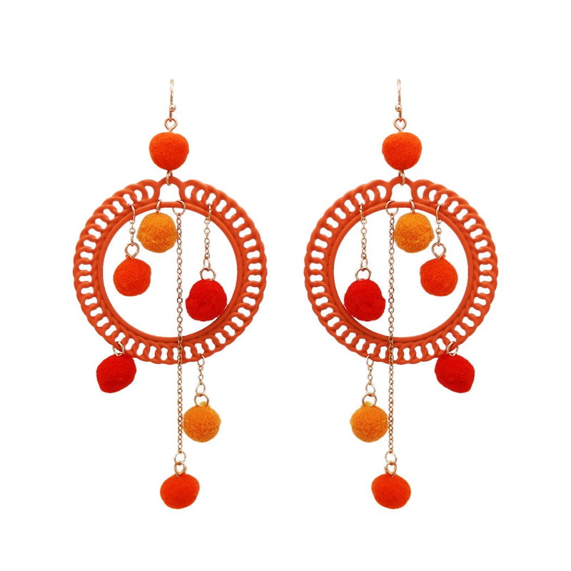 Fuzzy Long Pom Pom Hoop Statement Earrings, 4.5" (Orange)
