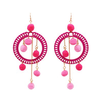 Women's Fuzzy Pom Pom Hoop Statement Earrings Long Length 4.5"(Pink)