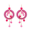 Women's Fuzzy Pom Pom Hoop Statement Earrings Long Length 4.5"(Pink)