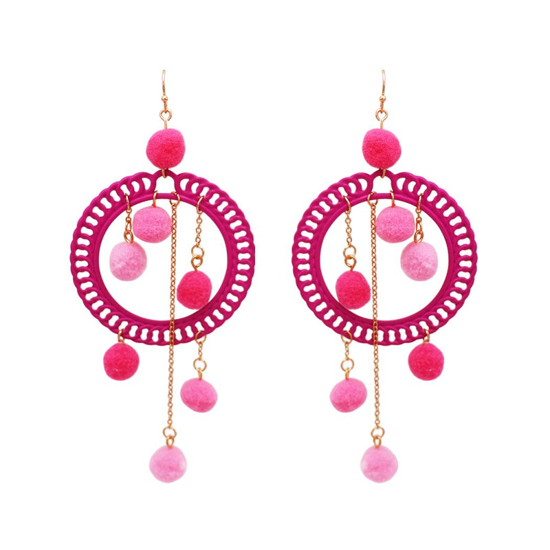 Women's Fuzzy Pom Pom Hoop Statement Earrings Long Length 4.5"(Pink)