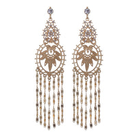 Vintage Crystal Adorned Floral And Fringe Design Statement Hypoallergenic Post Back Long Earrings 4.5"