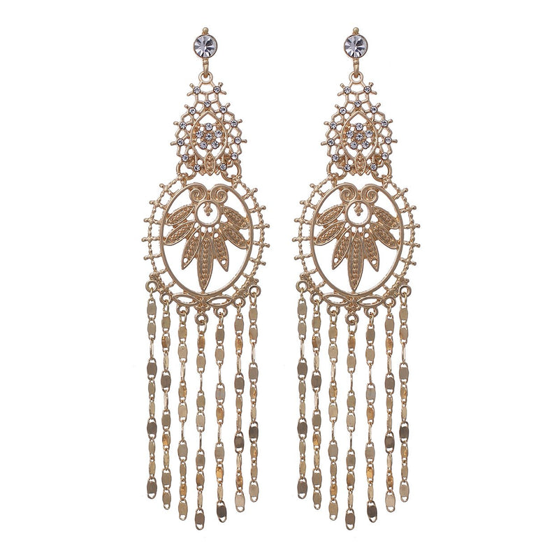 Vintage Crystal Adorned Floral And Fringe Design Statement Hypoallergenic Post Back Long Earrings 4.5"