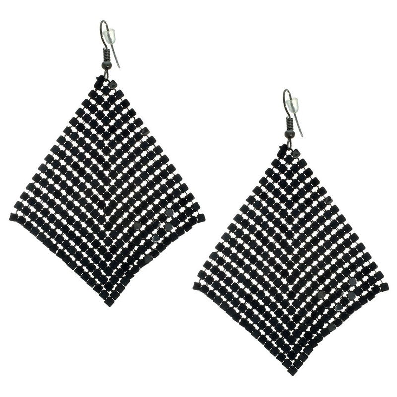 Long Dramatic Drop Black Chain Metal Mesh Earrings, 3.25"