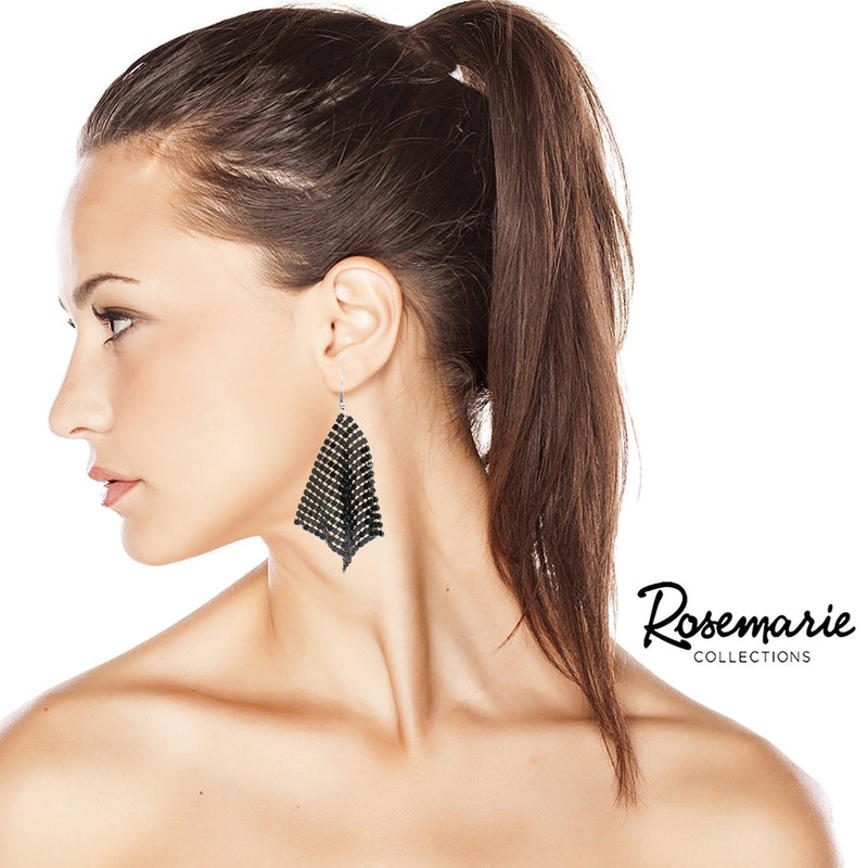 Long Dramatic Drop Black Chain Metal Mesh Earrings, 3.25"