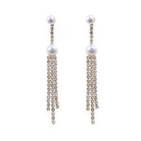 Women's Gold Tone Crystal and Faux Pearl Long Statement Dangle Earrings