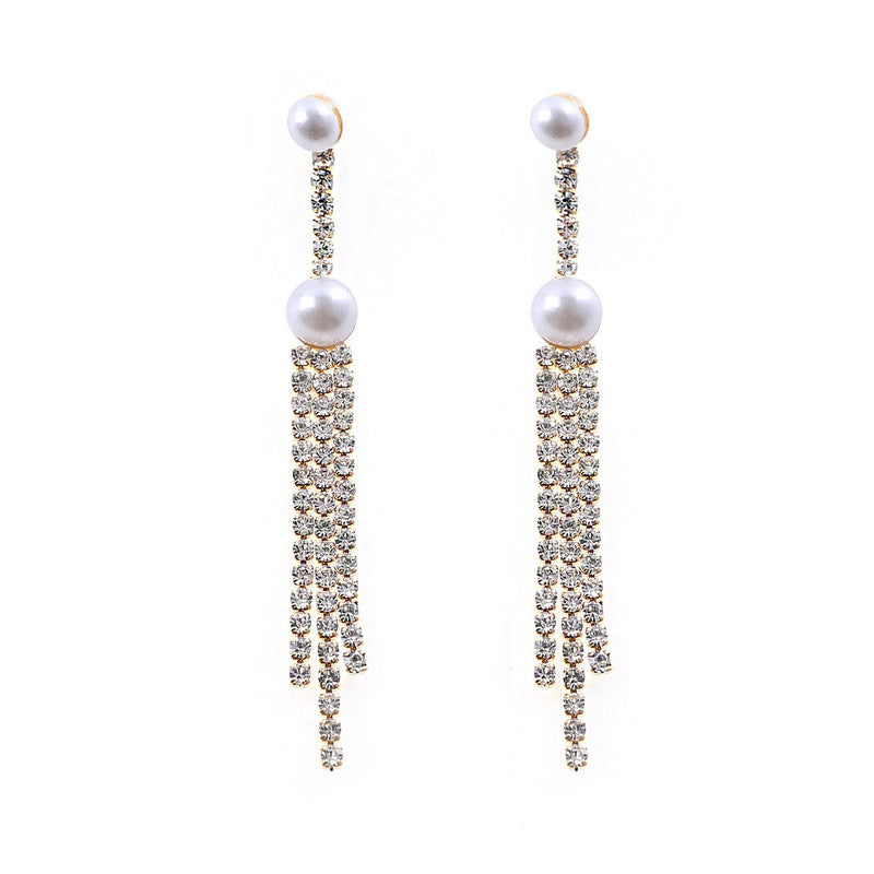 Women's Gold Tone Crystal and Faux Pearl Long Statement Dangle Earrings