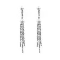 Long Crystal Rhinestone and Faux Pearl Dangle Vertical Earrings (Silver)