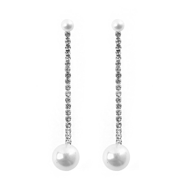Extra Long Silver Tone Crystal Dangle and Faux Pearl Lightweight Statement Earrings, 2.5"