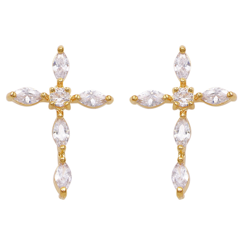 Trendy Rhinestone Hypoallergenic Premium Cubic Zirconia Cross Post Back Earring (Gold Tone)