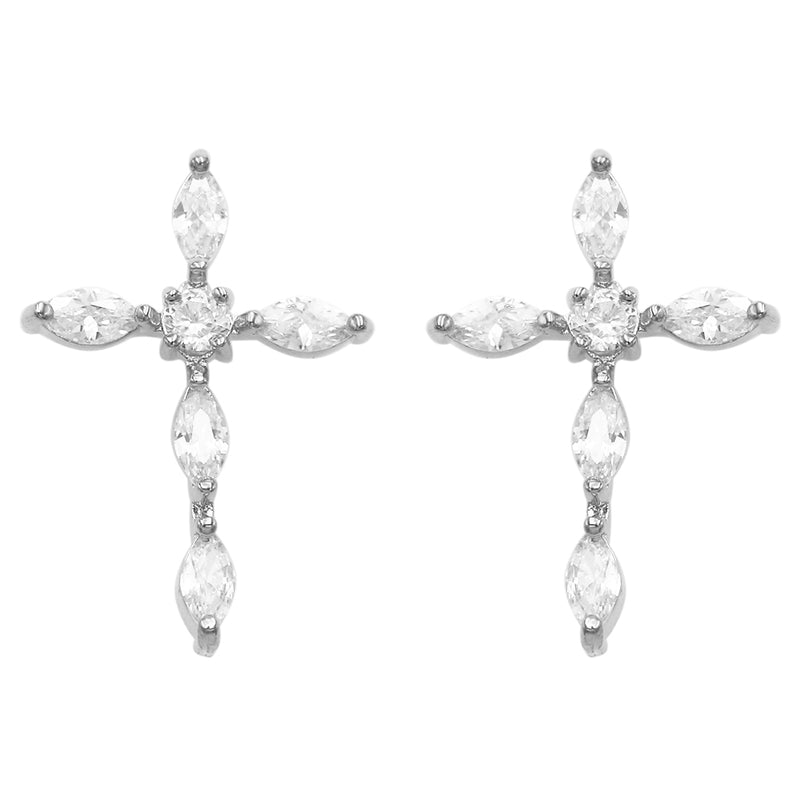 Trendy Rhinestone Hypoallergenic Premium Cubic Zirconia Cross Post Back Earring (Silver Tone)