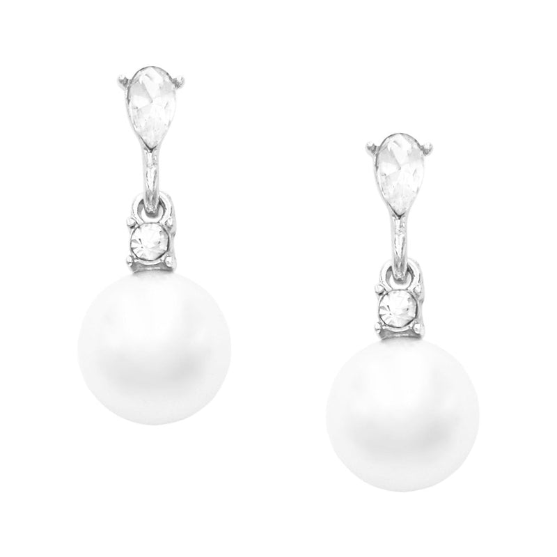 Stunning 10mm Simulated Pearl and Crystal Hypoallergenic Dangle Post Earrings, 0.82" (Silver Tone)